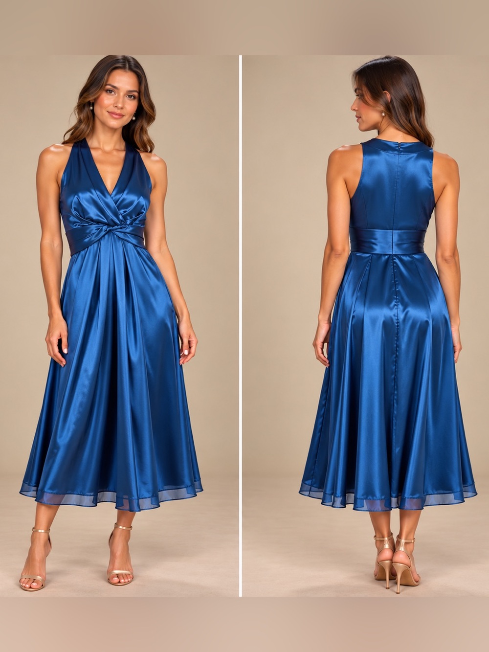 Vintage Ann Taylor Royal Blue 100% Silk Twist Front Halter Midi Dress 4P